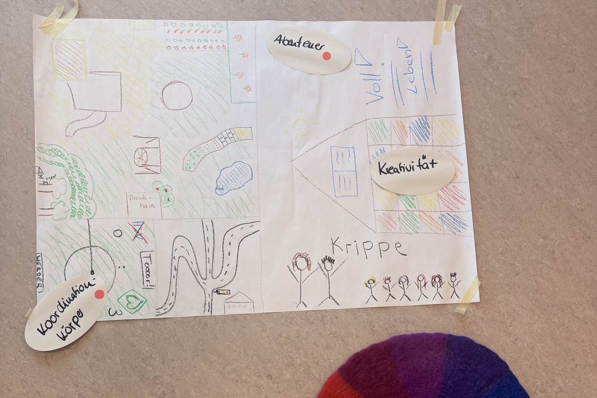 Ein mit verschiedenen Farben und Mustern gestaltetes Poster auf einem Tisch, beschriftet mit „Krippe“ und „Kreativität“. Darunter liegt ein bunter runder Kreis aus Filz in Regenbogenfarben, verziert mit Blumen.