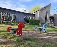 Auf einem Spielplatz sind zwei Federwippe in Form von Pferden, eine rot und eine blau. Im Hintergrund steht ein modernes Gebäude mit großen Fenstern und einer grünen Hecke. Der Rasen ist leicht uneben und es ist sonnig.