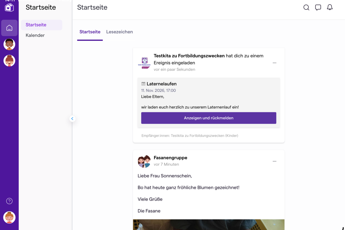Eine Bildschirmansicht einer Benutzeroberfläche zeigt die Startseite einer Anwendung. Links sind Navigationsoptionen sichtbar, darunter "Startseite" und "Kalender". In der Mitte sind Einladungen und Nachrichten zu einem bevorstehenden Event, dem "Laternenlaufen", sowie eine Mitteilung von der "Fasanengruppe".