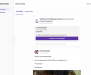 Eine Bildschirmansicht einer Benutzeroberfläche zeigt die Startseite einer Anwendung. Links sind Navigationsoptionen sichtbar, darunter "Startseite" und "Kalender". In der Mitte sind Einladungen und Nachrichten zu einem bevorstehenden Event, dem "Laternenlaufen", sowie eine Mitteilung von der "Fasanengruppe".