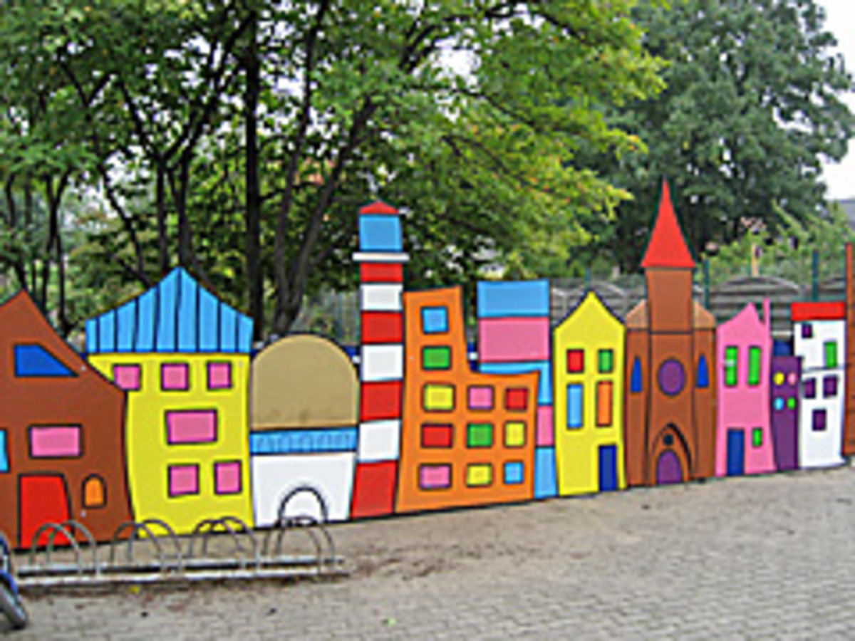 Eine bunte, Stadtansicht mit verschiedenen Gebäuden. 