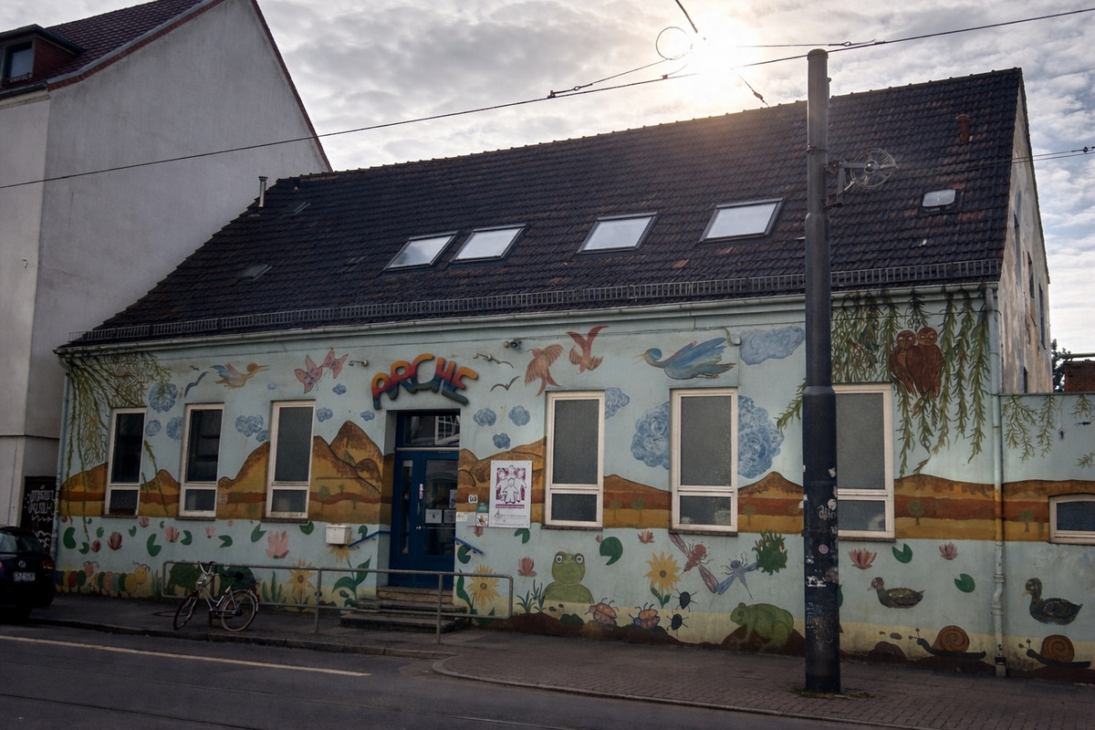 Ein bunt bemaltes Gebäude mit dem Schriftzug „Pädagogik“. Die Fassade zeigt verschiedene Tiere, Pflanzen und Landschaftselemente.