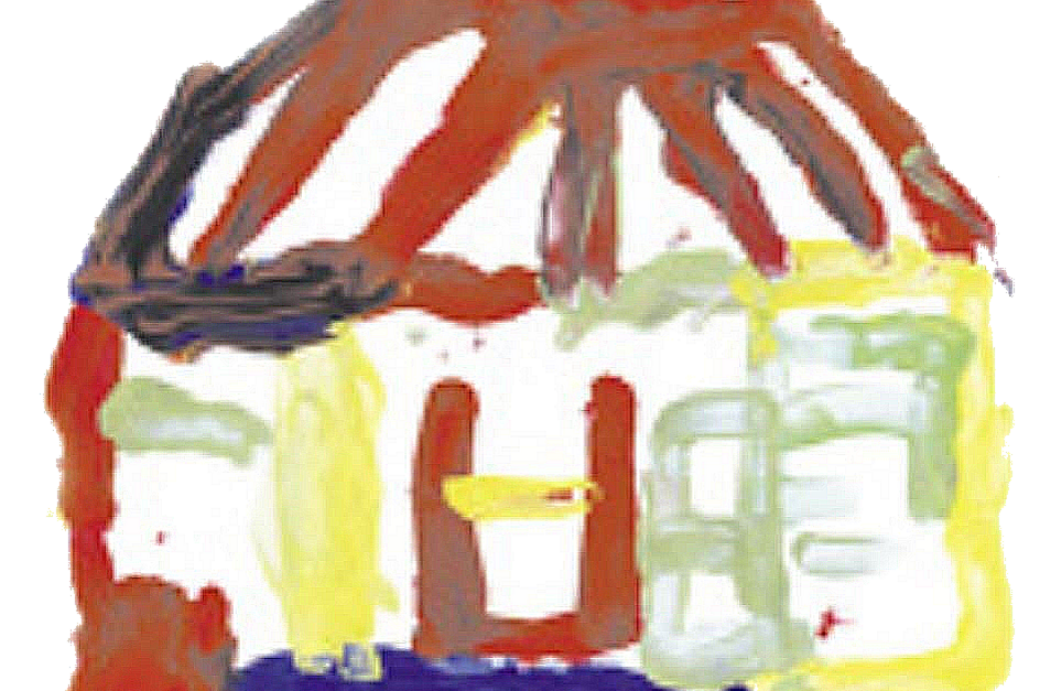 Eine einfache, bunte Zeichnung eines Hauses mit einem roten Dach und gelben Wänden. 