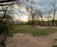 Eine weitläufige Grünfläche mit Bäumen im Vordergrund. Im Hintergrund ist ein Spielplatz mit mehreren Geräten zu sehen. Der Boden besteht aus Sand und Gras.