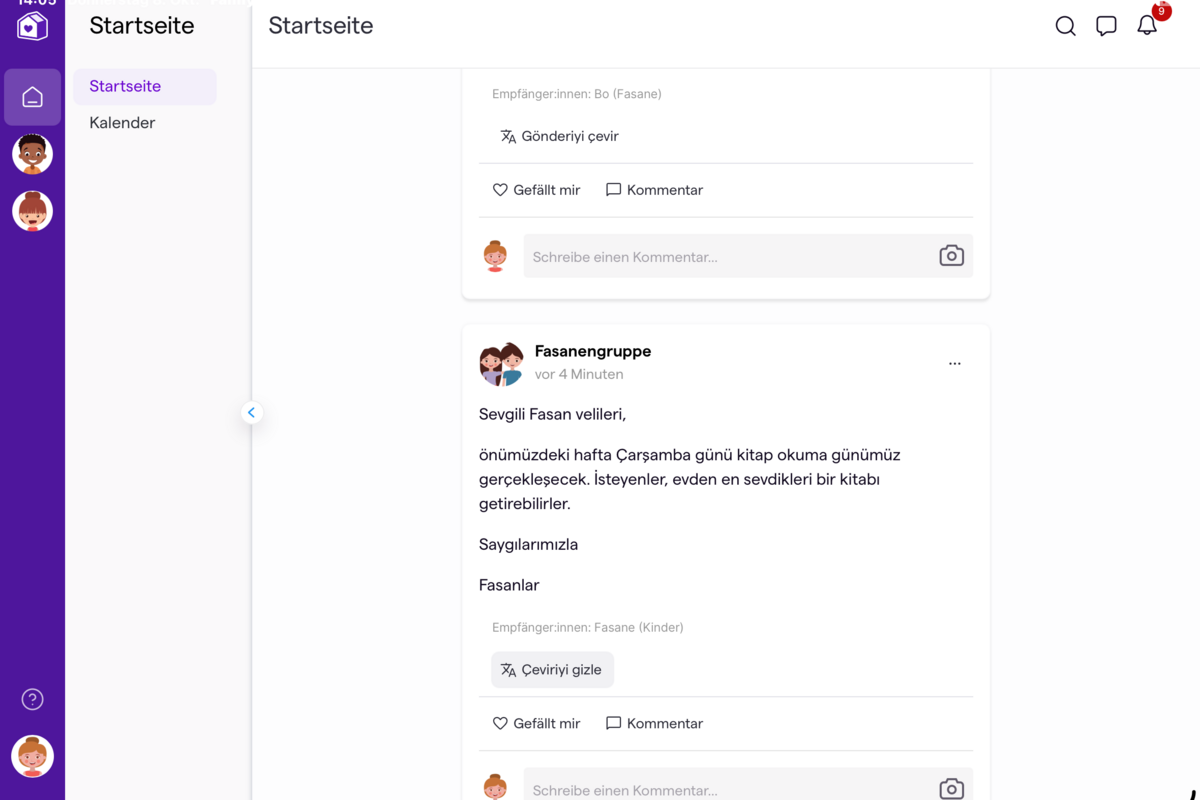 Eine Nutzeroberfläche einer App zeigt eine Startseite mit einem Menü auf der linken Seite. Im Hauptbereich gibt es eine Nachricht von einer Gruppe, die einen Lesetag ankündigt. Darunter sind Optionen zum Kommentieren und Liken ersichtlich.