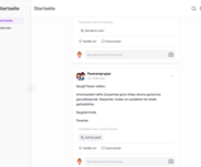 Eine Nutzeroberfläche einer App zeigt eine Startseite mit einem Menü auf der linken Seite. Im Hauptbereich gibt es eine Nachricht von einer Gruppe, die einen Lesetag ankündigt. Darunter sind Optionen zum Kommentieren und Liken ersichtlich.