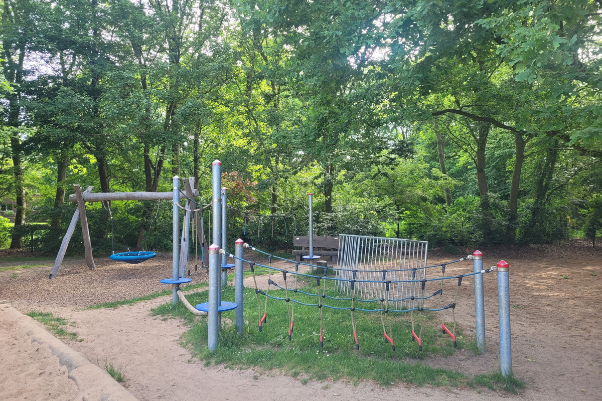 Ein Spielplatz umgeben von Bäumen. Auf der linken Seite befindet sich eine Schaukel mit einem blauen Sitz. 