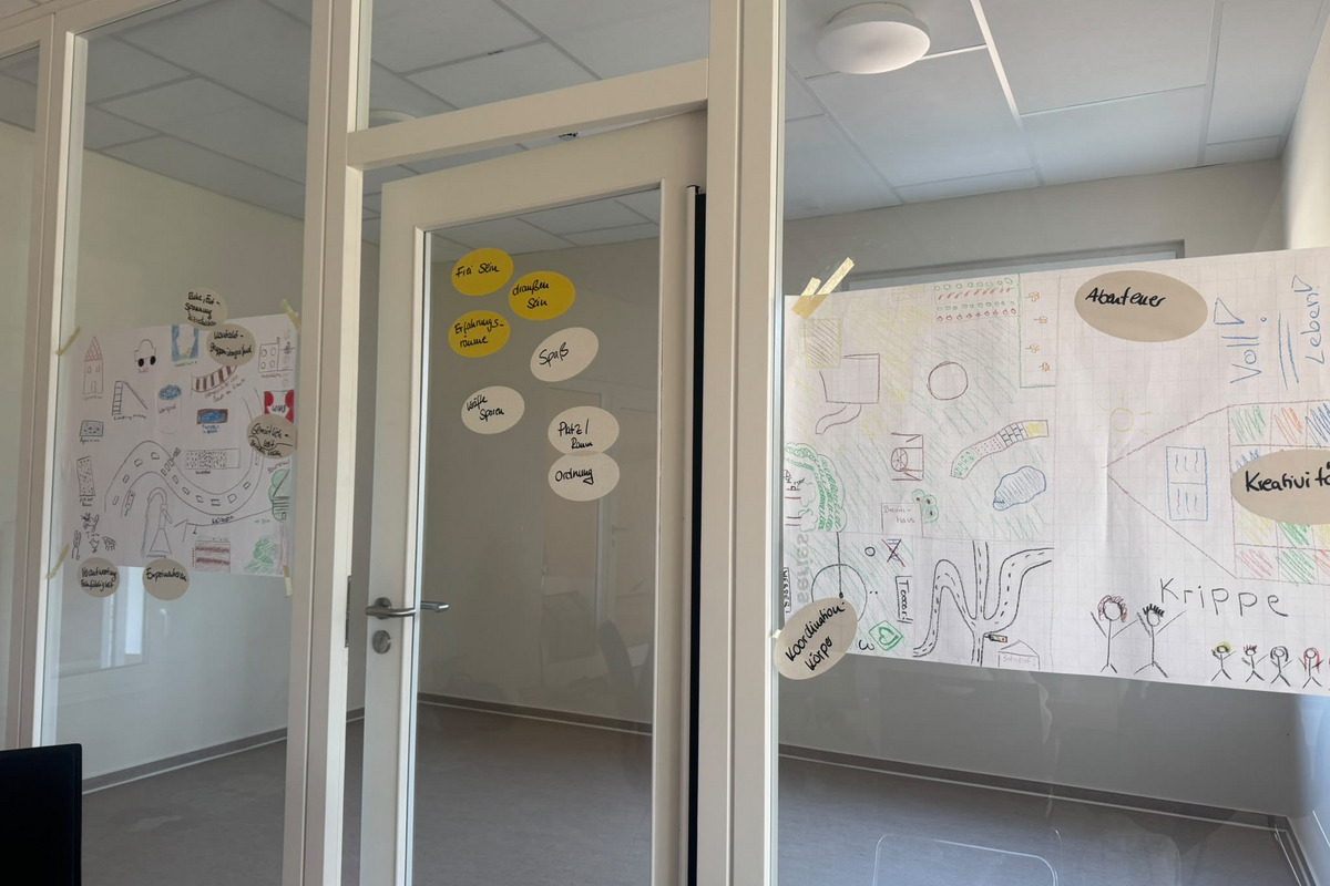 In einem Büro sind mehrere großformatige Zeichnungen und Plakate an Fenstern befestigt. Die Zeichnungen enthalten bunte Kritzeleien und Überschriften, die verschiedene Themen oder Ideen beschreiben.