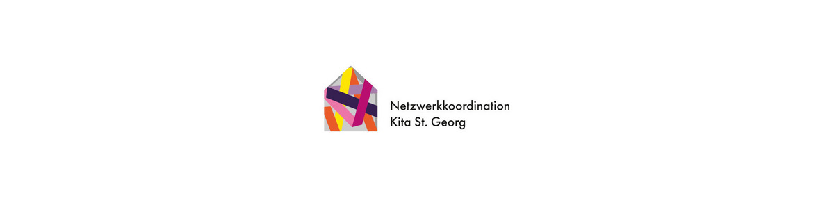 Logo der Netzwerkkoordination Kita St. Georg. Es zeigt ein stilisiertes Haus mit bunten, überlappenden Bändern in Gelb, Lila, Pink und Orange. 