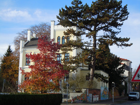 Ein mehrstöckiges Gebäude mit auffälliger Architektur und großen Fenstern steht im Vordergrund, umgeben von Bäumen, darunter ein rotblättriger Baum. Der Himmel ist blau mit ein paar Wolken. Im Hintergrund sind weitere Bäume und ein Verkehrsschild zu sehen.