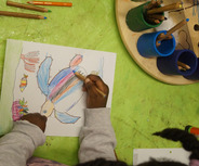 Ein Kind malt mit Buntstiften eine bunte Schildkröte auf Papier. Die Zeichnung zeigt Details wie Fische und Pflanzen. 