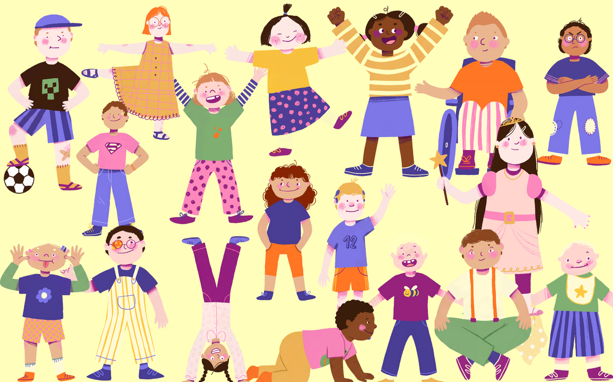 Eine lebendige Illustration vielfältiger Kinder. Die Kinder zeigen unterschiedliche Frisuren und Kleidungsstile und Posen.
