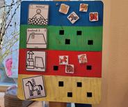 Ein bunter beschrifteter Aufsteller mit Symbolen. Oben ist das Wort „Bällebad“ und ein lächelndes Gesicht. Darunter sind Darstellungen von einem Spielplatz, einem Foyer und Aktivitäten wie Pferdereiten, begleitet von Tierillustrationen wie Hund, Hase und Bär.