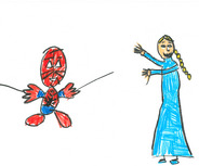 Eine bunte Zeichnung zeigt eine Figur mit einem rot-blauen Kostüm und Spinnennetz-Muster (Spiderman), die die Arme ausbreitet, sowie eine weibliche Figur in einem blauen Kleid mit einem Zopf, die mit einem Arm nach vorne zeigt (Elsa).
