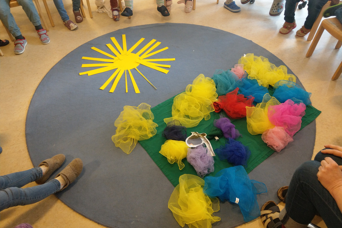Auf einem runden Teppich liegt eine grüne Unterlage mit bunten, durchsichtigen Tüchern in Gelb, Blau, Rot, Rosa und Lila. Um die Unterlage versammeln sich Kinder, die auf kleinen Stühlen sitzen. In der Mitte ist eine gelbe Sonnenscheibe aus Papier zu sehen.