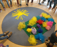 Auf einem runden Teppich liegt eine grüne Unterlage mit bunten, durchsichtigen Tüchern in Gelb, Blau, Rot, Rosa und Lila. Um die Unterlage versammeln sich Kinder, die auf kleinen Stühlen sitzen. In der Mitte ist eine gelbe Sonnenscheibe aus Papier zu sehen.