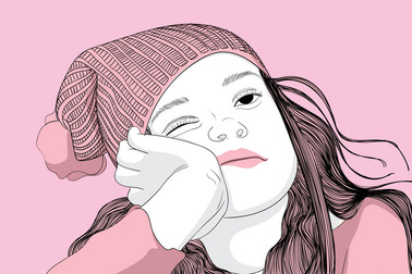 Illustration: Ein Mädchen mit einer gestreiften Mütze blickt nachdenklich. Sie hat lange, fließende Haare und stützt ihr Gesicht mit einer Hand. Der Hintergrund ist rosa.
