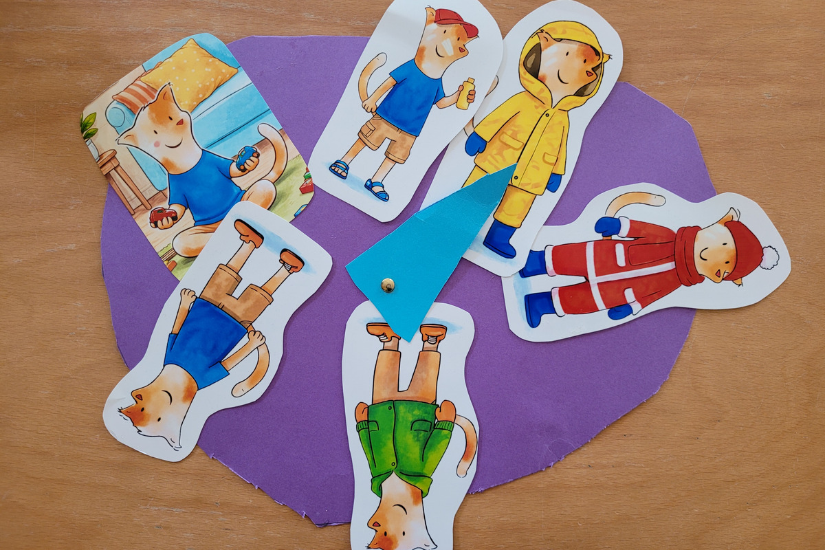 Eine bunte Collage zeigt mehrere Pappfiguren von Katzen in verschiedenen Outfits: eine Katze sitzt und hält Spielzeug, während andere in Regenjacke, Winterkleidung, T-Shirt und Shorts gekleidet sind. Die Figuren sind auf einem lila Hintergrund angeordnet. In der Mitte ist ein Zeiger, der auf eine Katze zeigt.